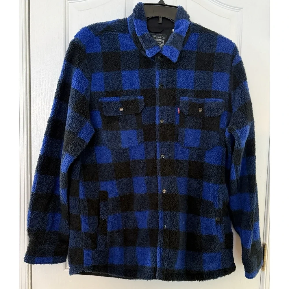 Levi's Sherpa Fleece snap Shirt Jacket Blue Plaid Men's XL Pockets‎ Outdoor